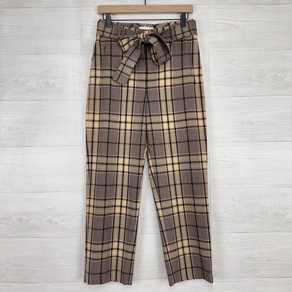 Aritzia Wilfred Tie Front High Waisted Pants Trousers Women 6 Plaid Brown NWT - Picture 1 of 16
